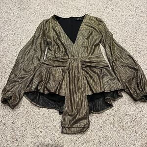 Do+Be Gold Shimmer Blouse Sz S Casual Holiday Puff Sleeve Wrap
